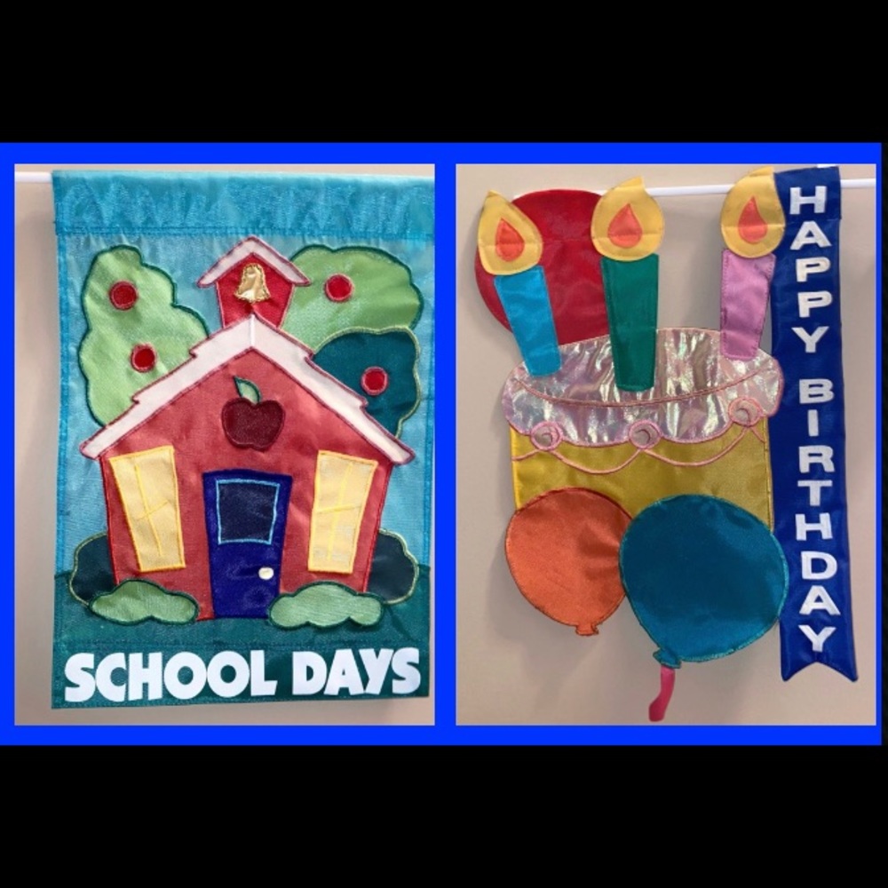 Garden Flags. Set of 2. Picture show both front and back of flags.